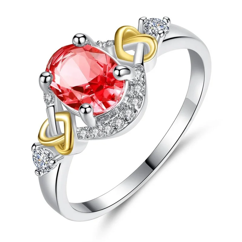 

Creativity Oval Shape Crystal Zircon Two Tone Ring Silver Red Stone Engagement Heart Ring Women Wedding Valentine's Day Gifts