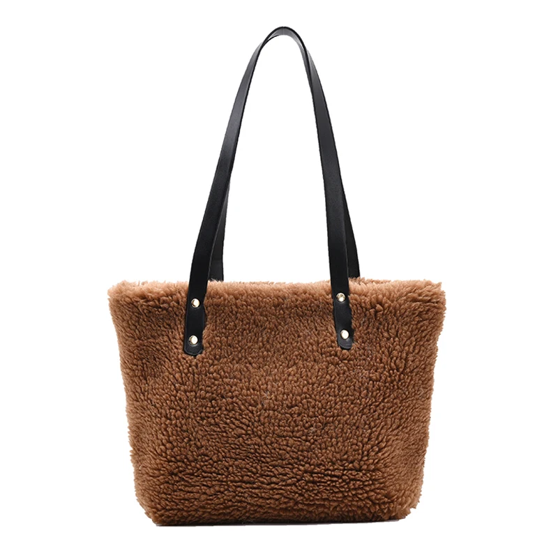 

2021 New Elegant Female Large Capacity Tote Shoulder Bag for Women Lambswool Soft Plush Designer Handbag Big Winter Travel Purse