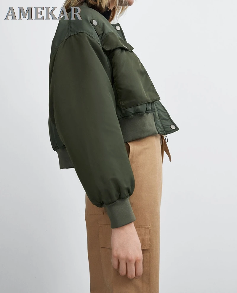 

Artsnie Autumn 2021 Bomber Jacket Women Army Green Warm Zipper Pockets Winter Coat Female Jacket Parkas Femme Chaqueta Mujer