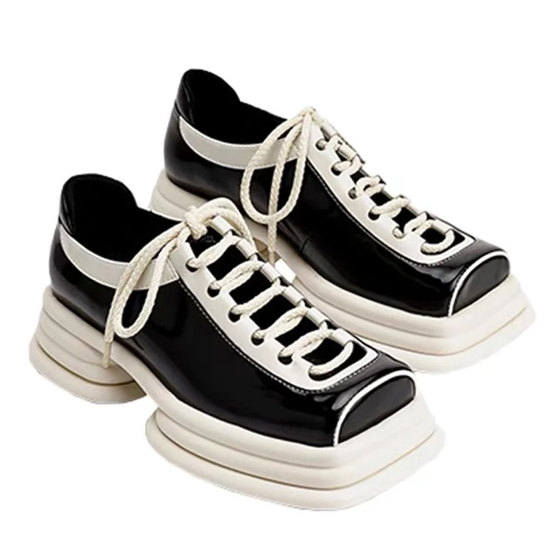 

2021 New Women Shoes Mid Heel Mary Jane Lace-up Leather Shoes Color Matching Square Head Thick Bottom Temperament Ladies Shoes