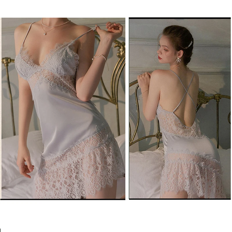 

Women's Sexy Lingerie, Imitation Silk Lace Stitching Nightdress, Cross Open Back See-through Home Suspender Skirt