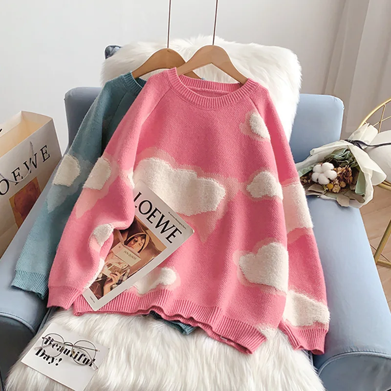 

Женский свитер с круглым вырезом SONG YI, Розовый пуловер, осенне-зимняя одежда, Молодежные пуловеры, Свободный вязаный свитер в Корейском стил...