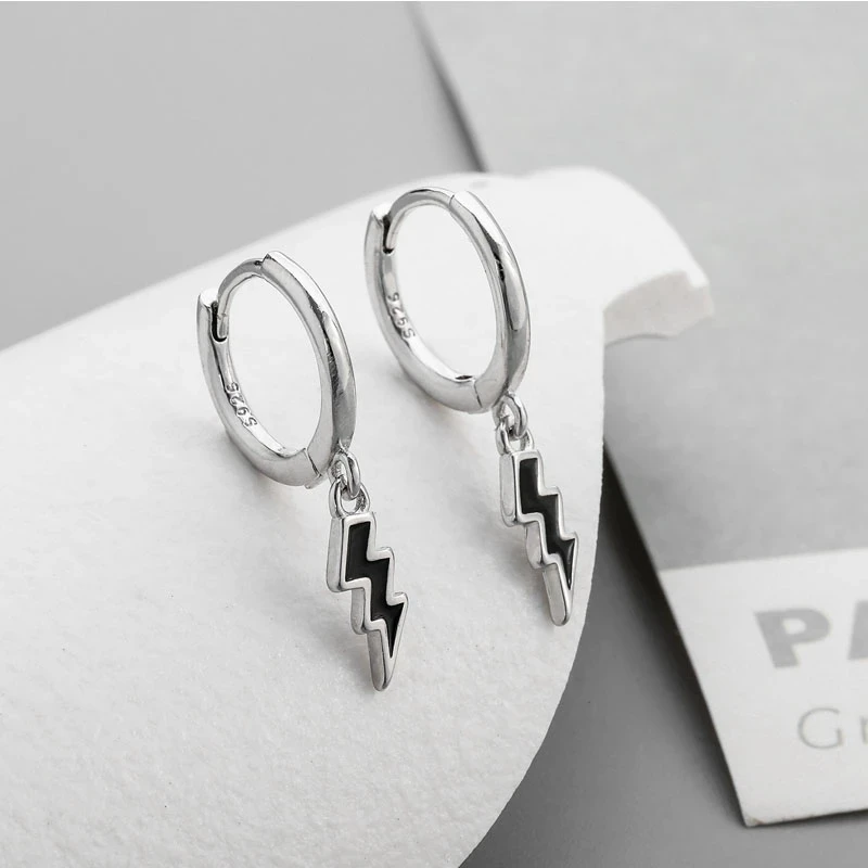

HKMMH 925 Sterling Silver Black Wave Lightning Shape Pendant Hoop Earrings Female Fashion Temperament Party Handmade Jewelry