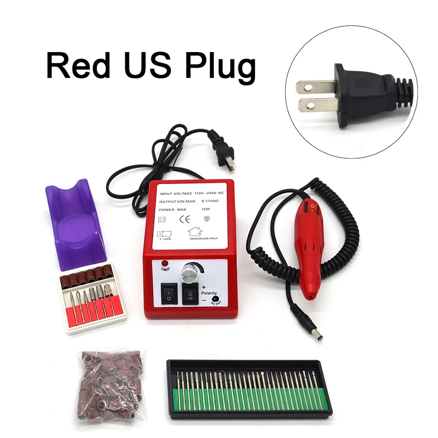 Red US Plug 30 50 Красная дрель для маникюра и педикюра, профессиональная электрическая машинка, набор инструментов для маникюра и педикюра, набор инструментов+ 30 шт. сверло для ногтей+ 50 шт. шлифовальных полос - Цвет: Red US Plug 30 50