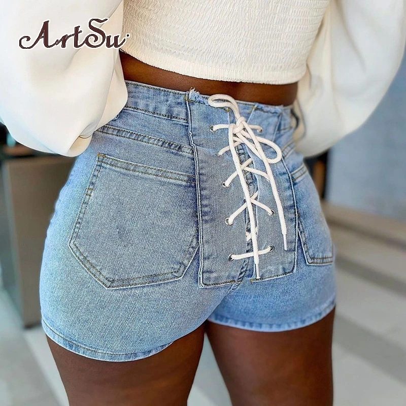 

Artsu Bandage Drawstring Casual High-Waist Women Short Jeans Summer 2021 All-Match Female Cotton Casualwear Hot Pants Short