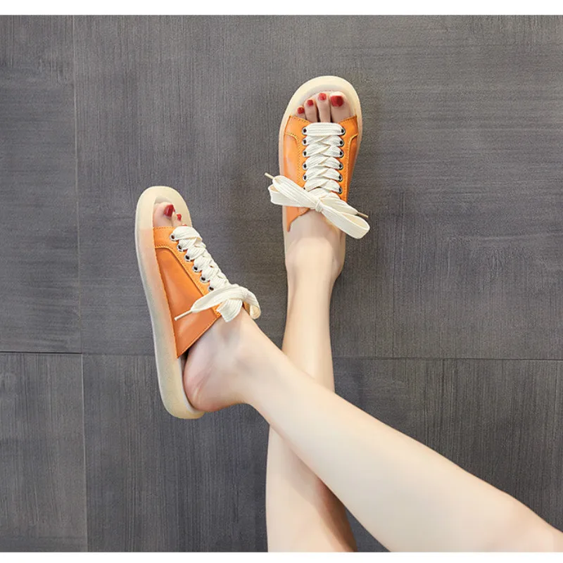 Summer New 2020 Fashion Leisure Womens Shoes Soft Bottom Sandals Cross-tied Tendon Bottom Flat With Low (1cm-3cm) Non-slip Solid