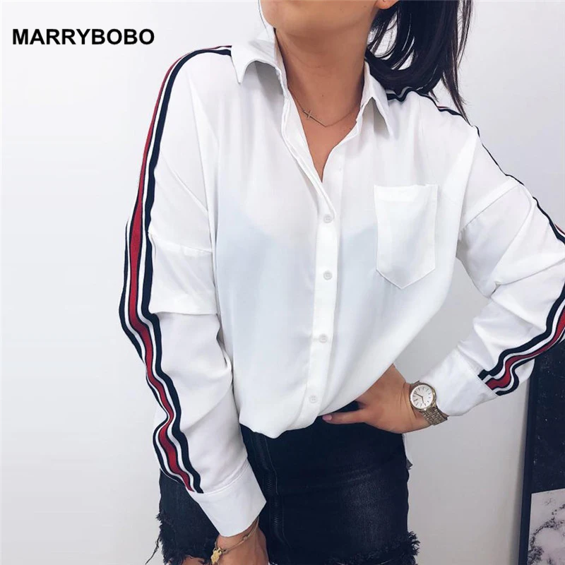 2019 Осенняя Женская белая блузка рубашка в полоску с длинным рукавом Офисная