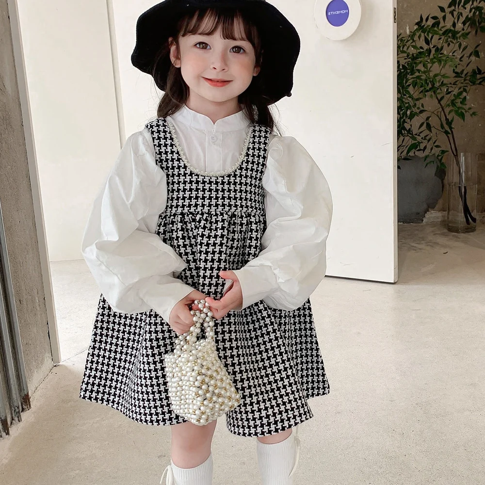 Комплект одежды для девочек с клетчатым принтом осень 2022 детская одежда белая