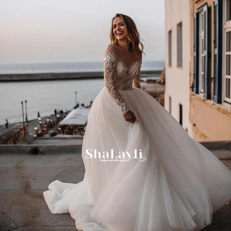 

Luxury Beading Wedding Dress Silky Organza With Long Train 0-neck Full Sleeve Bride Dresses Back Button Robes De Mariée