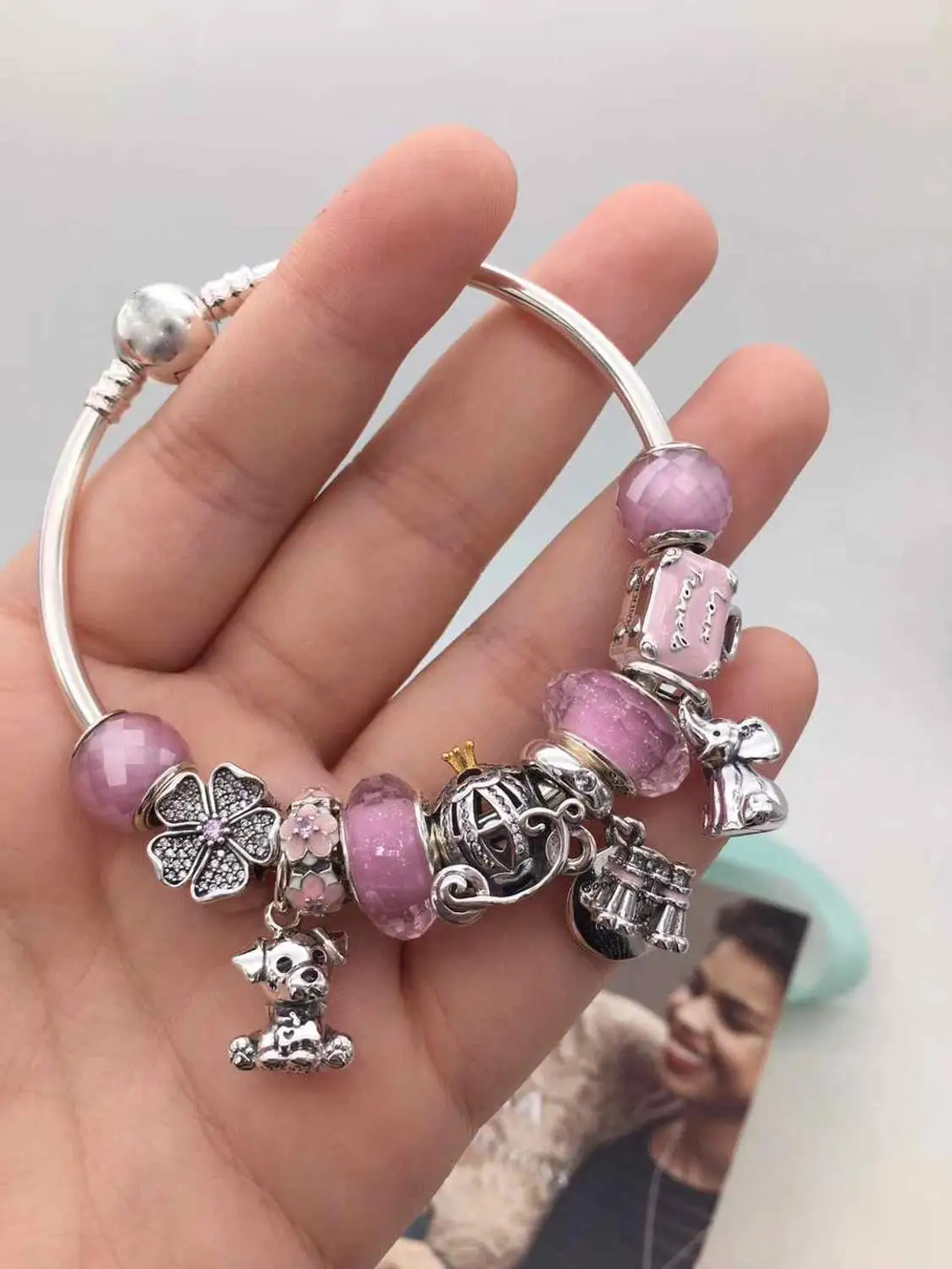 Браслет с подвеской из 100% серебра 925 пробы розовыми бусинами оригинал 1:1|Гибкие и