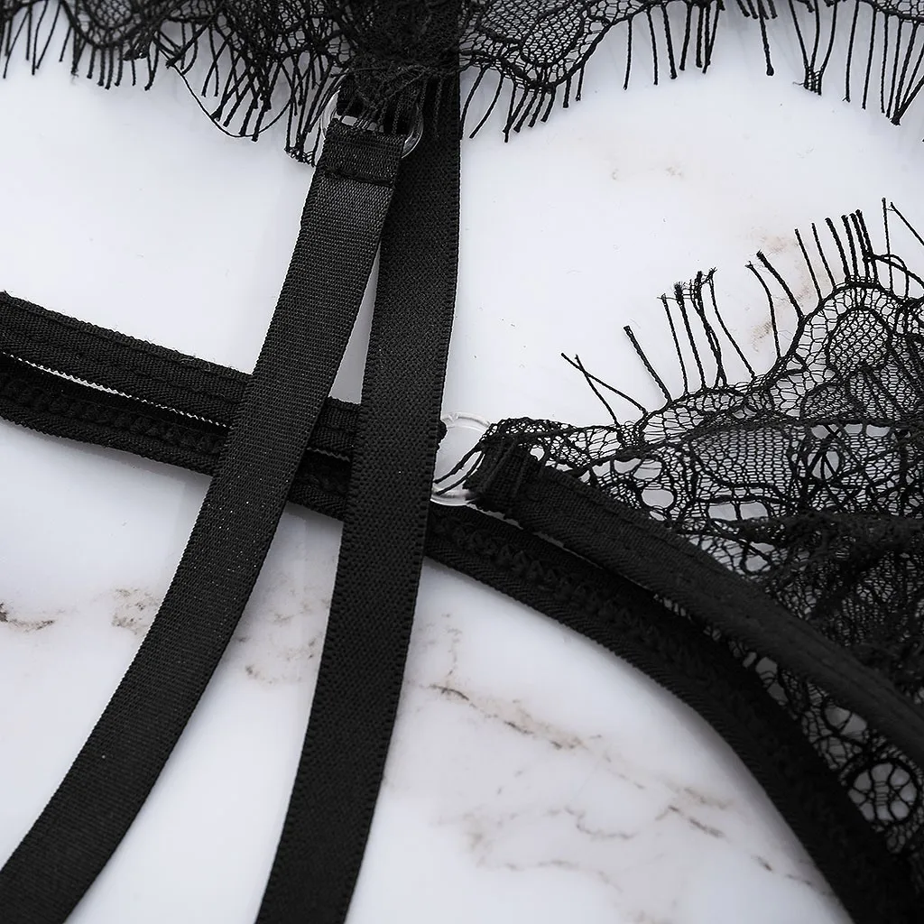 

3pcs Women Sexy lingerie set Lace Garter stocking clip Exotic set Lattice-Front Suspender Teddy Set Bandage Underwear Babydoll