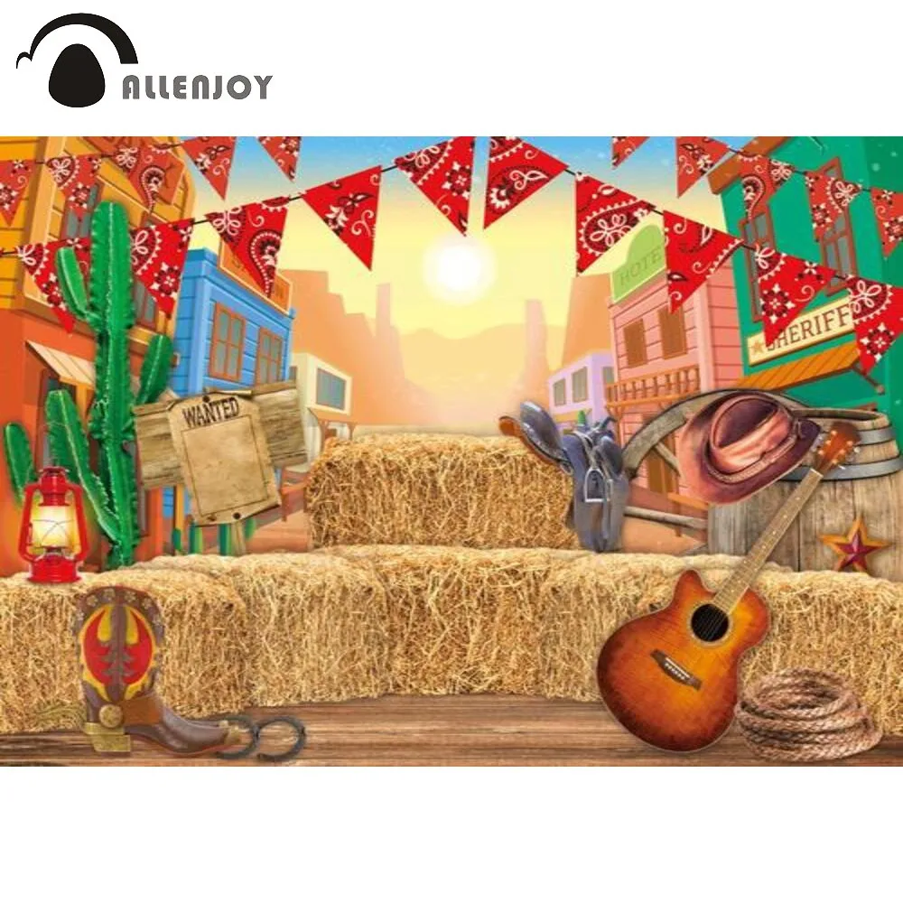 

Allenjoy Backdrop Western Cowboy Cowgirl West Town Haystack Music Birthday Newborn Baby Shower Party Decor Background Photozone