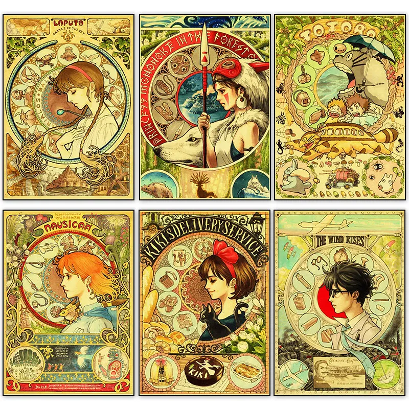 

Mucha Miyazaki Hayao Retro Anime Posters Classic Japanese Animation Canvas Painting HD Home Bedroom Decoration Wall Art Pictures