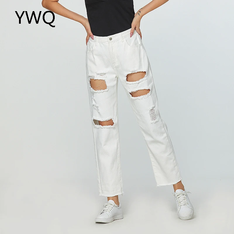 

Women White Ripped Jeans High Waist High Streetwear Straight Leg Pants Female Cargo Pnats Causal Hole Loose Baggy Jeans Women