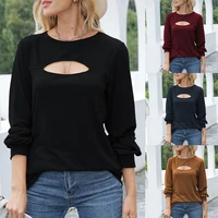 2021 autumn and winter new long sleeved solid color hollow sexy blouse lantern sleeve t shirt womens clothing