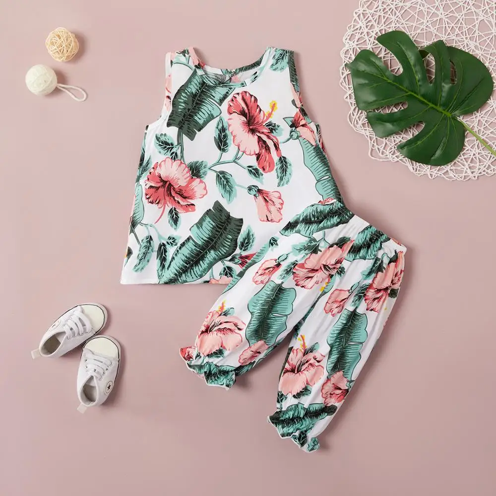 

2020 Summer Children Sets Casual Girls Sleeveless O Neck Tops Long Pants Print Floral Cute Girls Clothes Sets 2T-6T