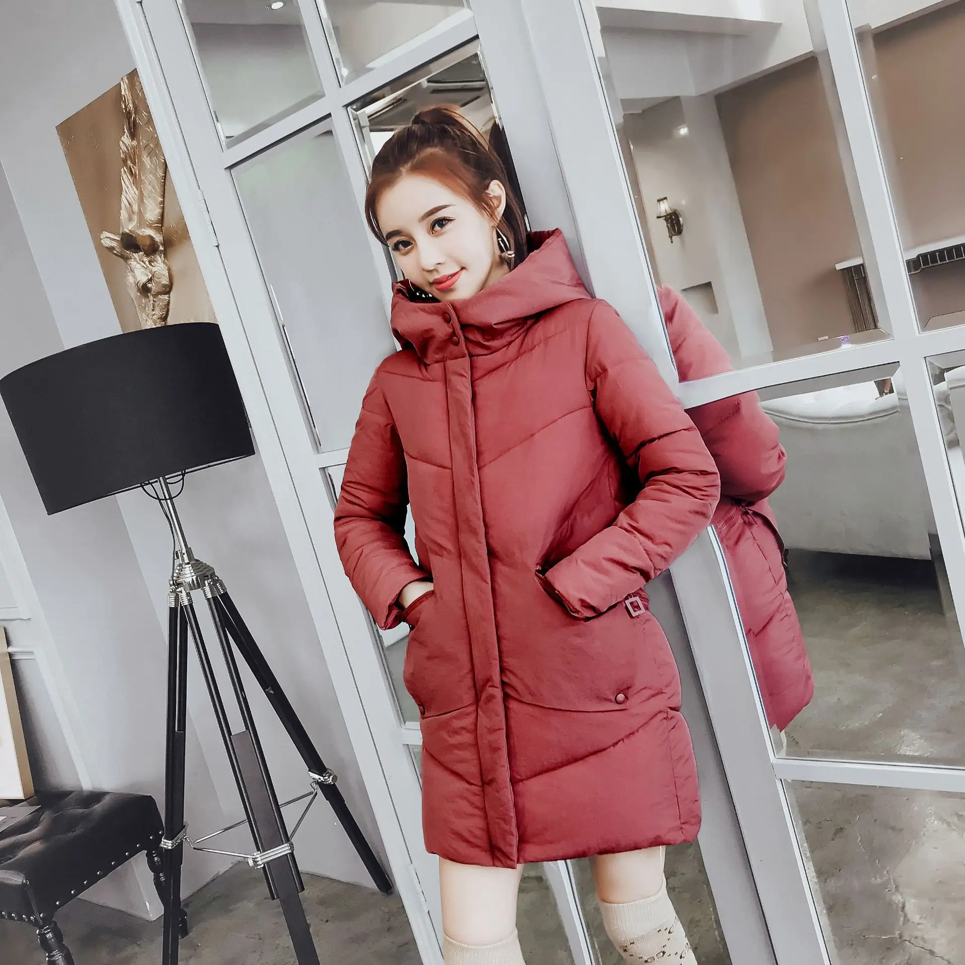 

JCHB 2021 Coats Fashion Hooded Woman Winter and Jackets Pockets Warm Loose Padded Jacket Long Size Parkas Mujer