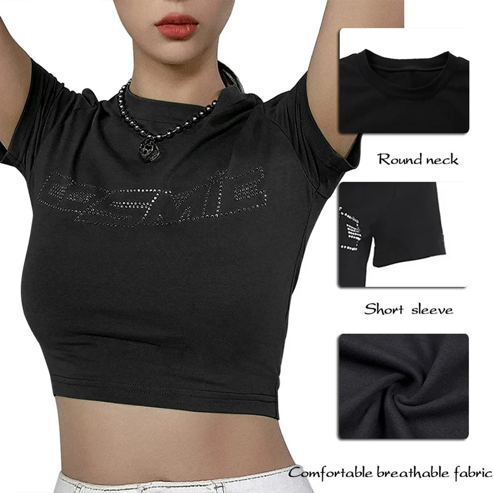 

Adisputent Women Summer Y2K Short Sleeve Crop Top Shiny Drill Rhinestone Cosmic Letter T-Shirt Navel Slim Vest Club Streetwear