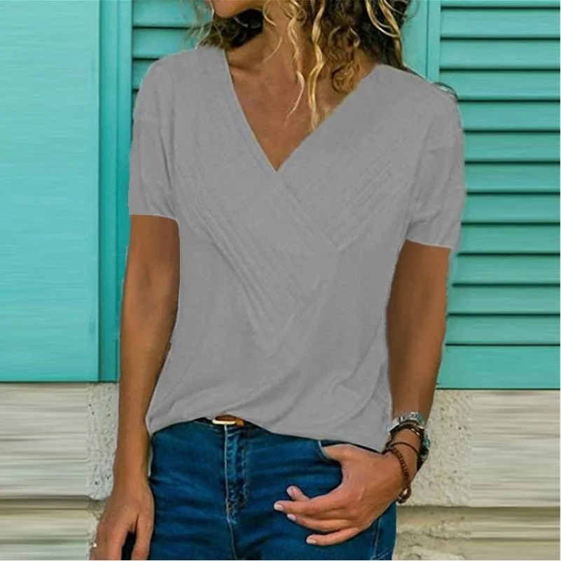 

2021 Spring/Summer New Style Wish Hot Sale Slim Stitching V-Neck Short-Sleeved Solid Color T-Shirt Women In Stock