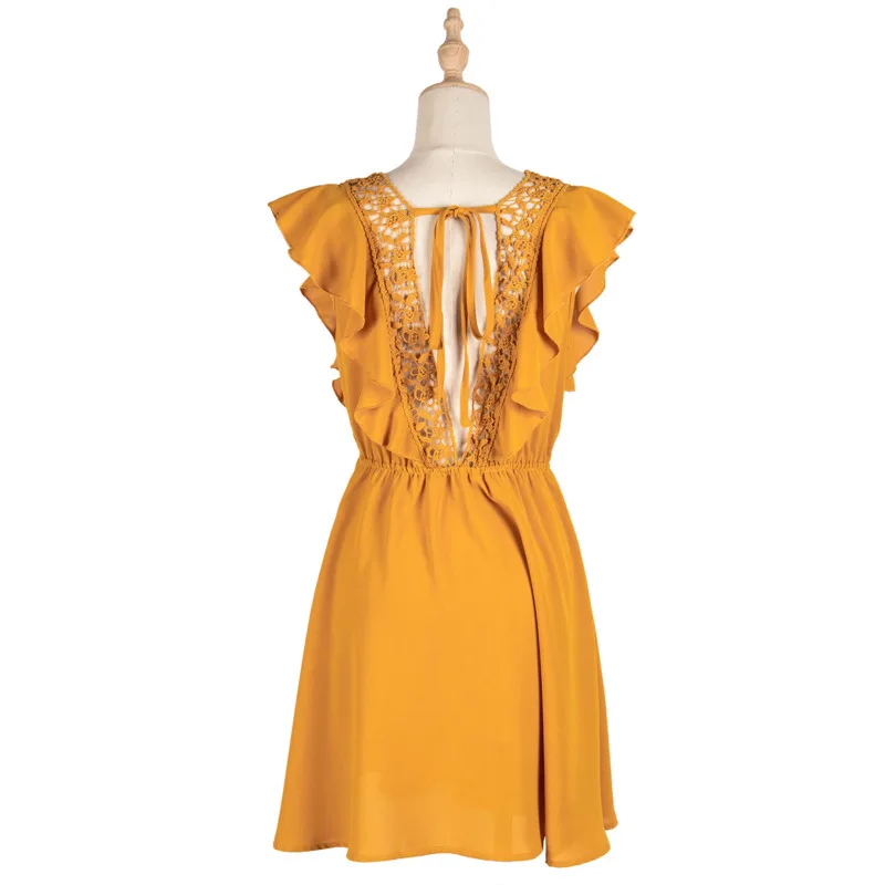 

Women Hollow Out Blackless Dress Summer Boho Beach Ruffles 2021 Bandage Mini Dresses Party Square-Neck High Waist Female Robe