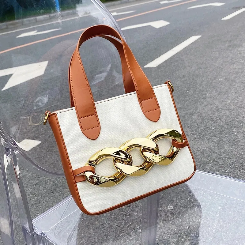 

Дизайнерская женская сумка на толстой цепочке, маленькие дамские сумки через плечо из искусственной кожи, 2021 Новые лоскутные сумки-тоуты, ж...