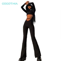cocothia sexy high v shaped waist bodycon flare pants lace up female party skinny wide leg 2021 black leisure fashion trousers