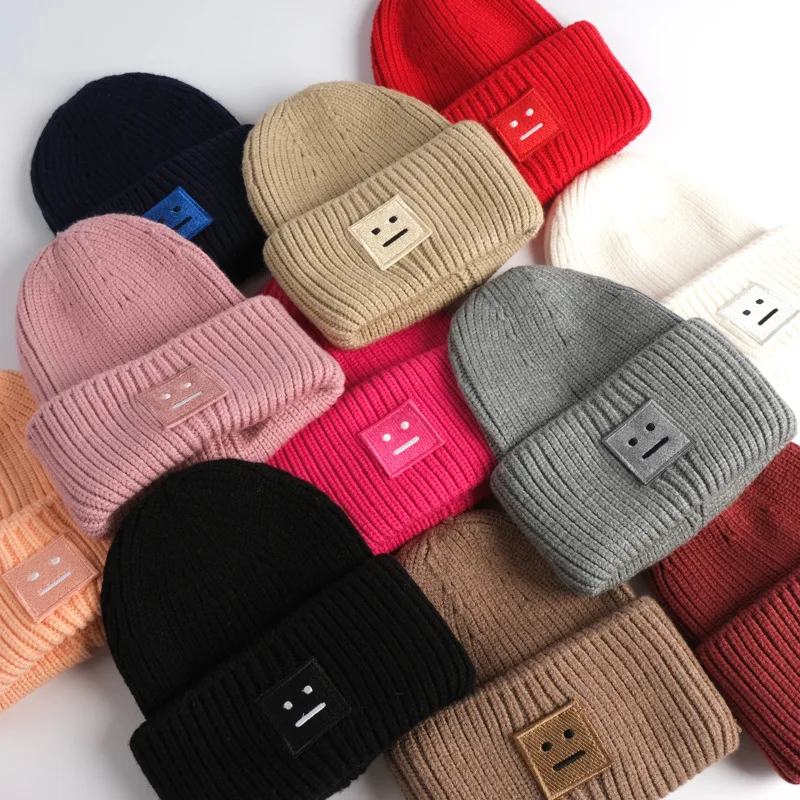 

South Korea ACNE STUDIOS Woolen Square Smiley Face Knitted Hat Women Winter Warmth Thickened Woolen Hat for Men and Women Lovers