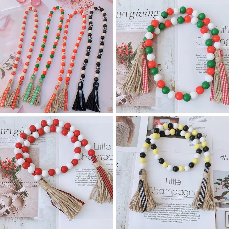 

Colour Wood Bead Garland With Tassels Rustic Farmhouse Tiered Tray Holiday Decorations Natural Country Xmas Home Decor Cotton