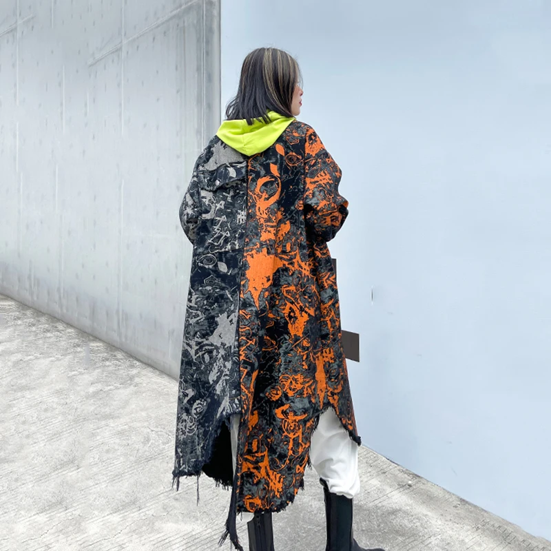 

[EAM] Women Tie Dye Denim Long Big Size Long Trench New Lapel Long Sleeve Loose Windbreaker Fashion Spring Autumn 2021 1DD5214