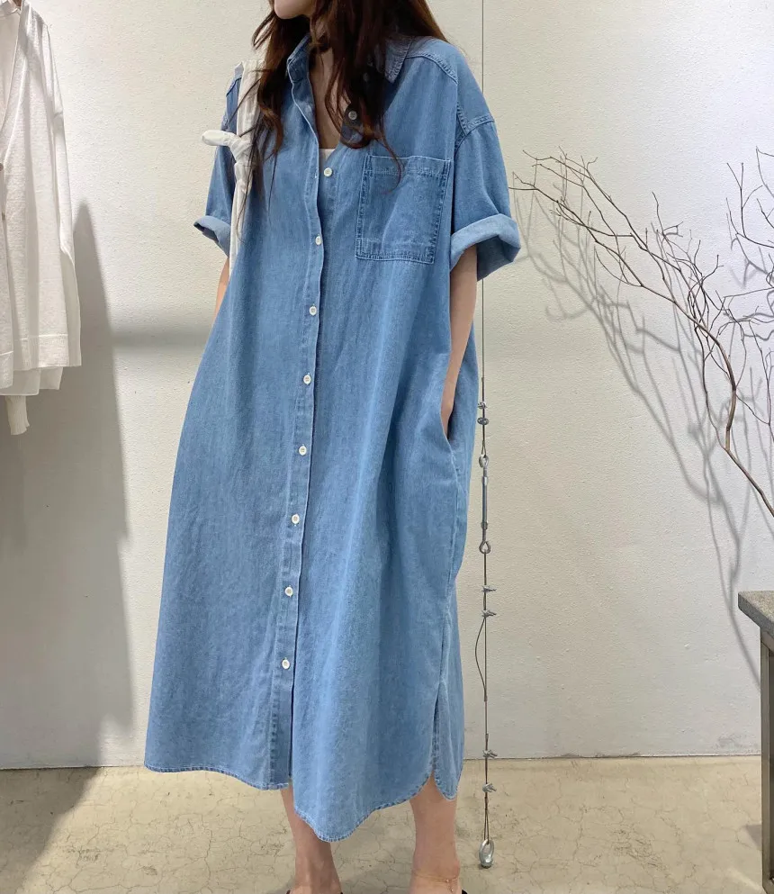 

New 2021 Women Denim Dresses Summer Casual Vintage Single Breasted Turn-down Collar Pockets Loose Long Dress