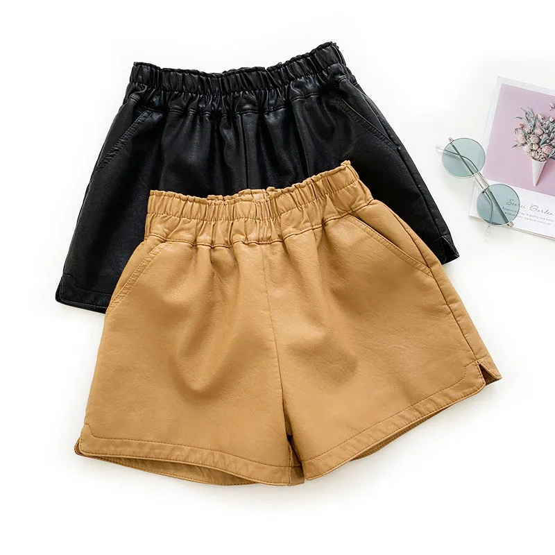 

Simple Korean Style Women's PU Leather Shorts Elastic Waist 4 Solid Color Short Pants Female Streetwear Fashion Shorts