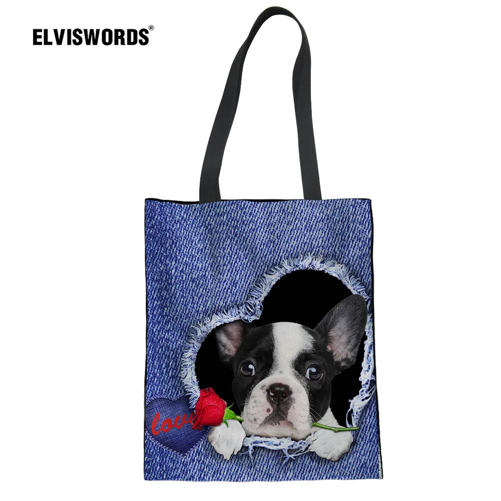 ELVISWORDS милый щенок сумка многоразовая хозяйственная собаки на джинсовом кармане
