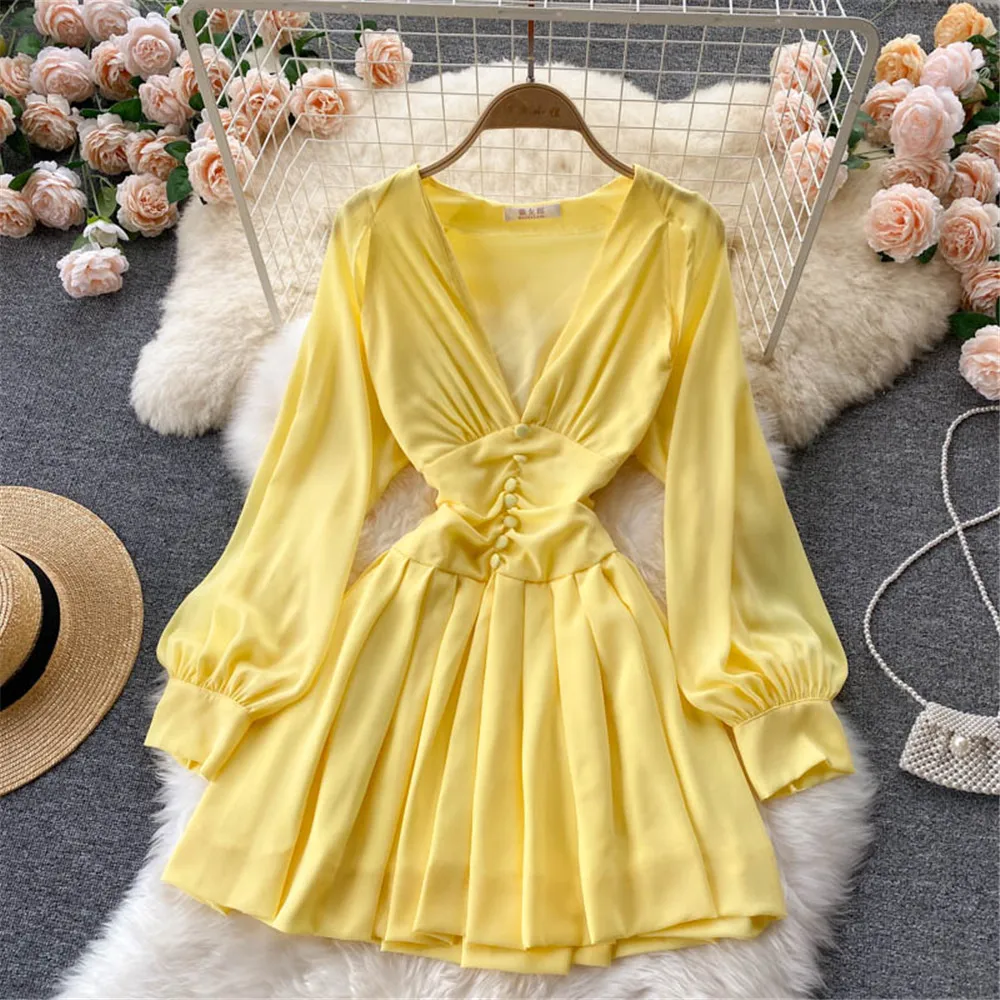 

Yellow Sexy Deep V Neck Women Autumn Dress Fashion Single Breasted Short Dresses Elegant Long Sleeve Vestidos Female Clothing