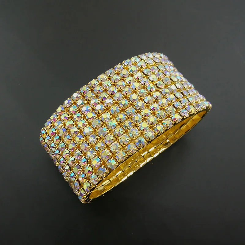 gold color bangle 9 ряд AB Кристалл стрейч браслеты браслет для женщин Цвет Радужный кристалл Африканский Золотой цвет Свадебный браслет невесты браслет - Окраска металла: gold color bangle