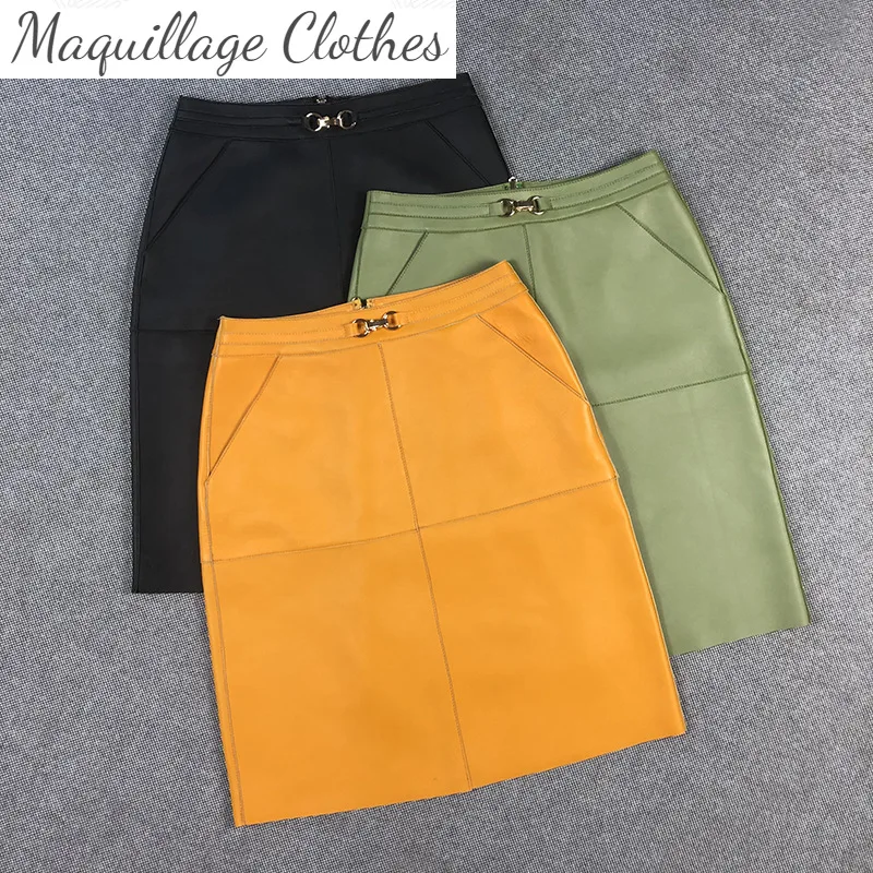 

2021 Spring autumn women's elegant leather skirts high quality genuine leather knee skirt B394