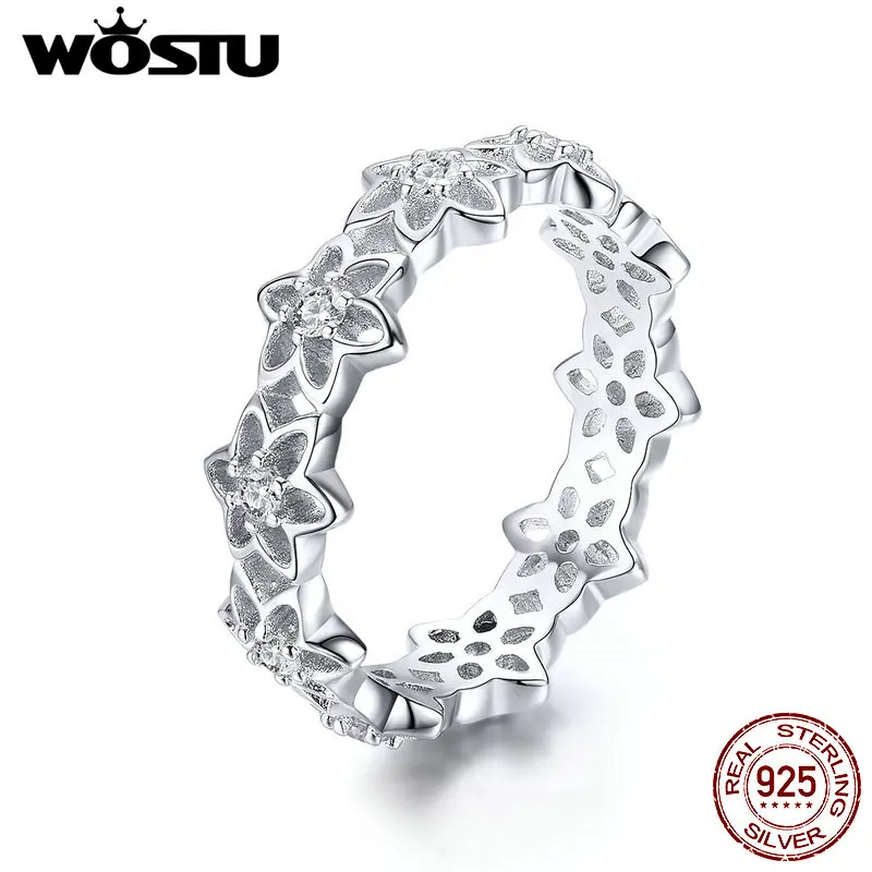 WOSTU 925 пробы Серебряное ослепительное штабелируемое кольцо в виде ромашки с цветком, прозрачные CZ кольца на палец для женщин, Свадебные Роскошные ювелирные изделия CTR029