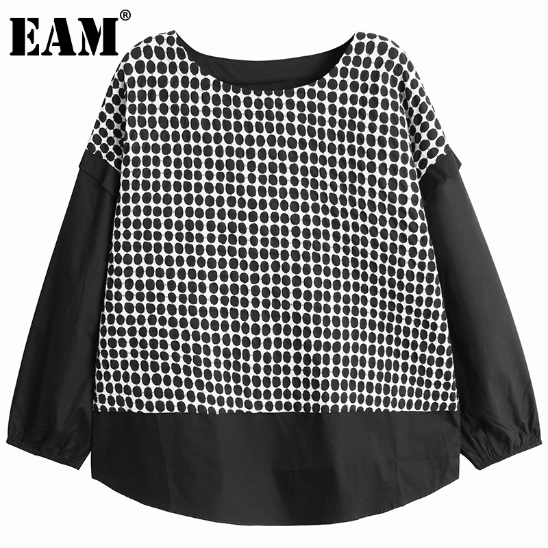 

[EAM] Женская Черная клетчатая Повседневная футболка большого размера, новая модная футболка с круглым вырезом и длинными рукавами, весна-осе...
