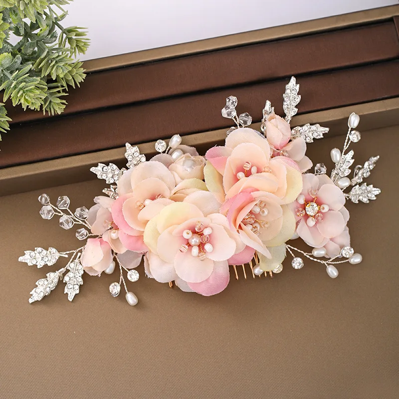 

Pink Rose Flowers Tiaras Hair Combs Bride Crystal Headband Women Pearl Hair Accessories Wedding Hair Ornaments Bride Jewelry
