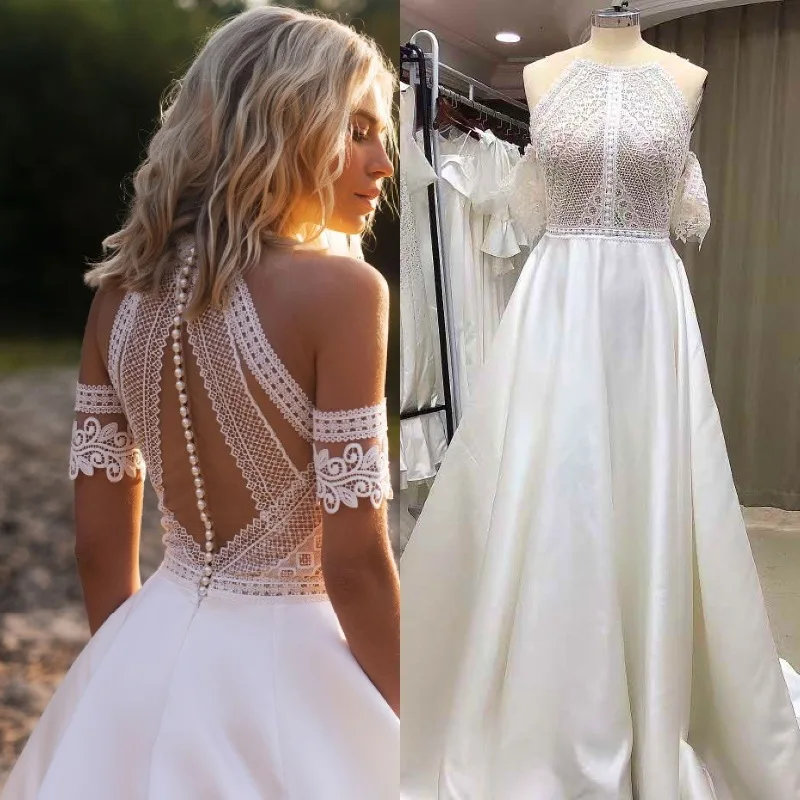 

Beach Boho Lace Wedding Dresses Women Short Sleeve A Line Vintage Satin Summer Vestidos de Novia for Long Bridal Gowns