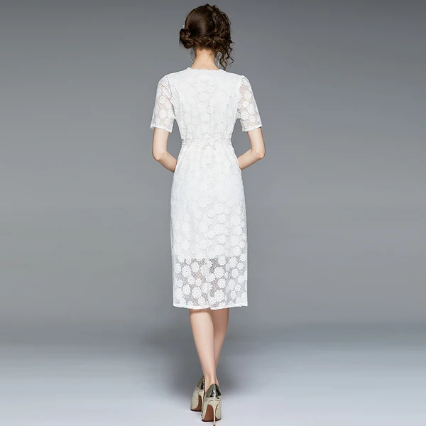 

French Sweet Lace Dress Women Chic Elegant Solid Button V Neck Short Sleeve Dress 2021 Summer Office OL Midi Dresses