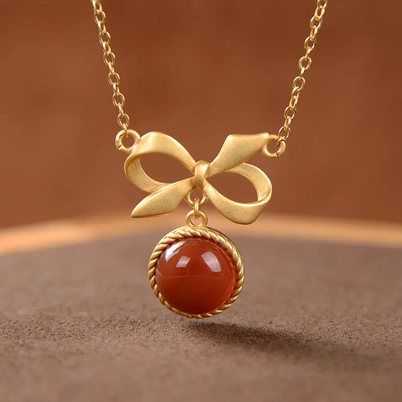 

Original SNew Silver Inlaid Natural Enamel porcelain Agate Pendant Necklace Round Bow Charm Niche Craft Women's Brand Jewelry