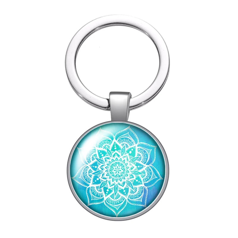 Water blue style flower patterns glass cabochon keychain Bag Car key chain Ring Holder silver color keychains for Women Gifts | Украшения и