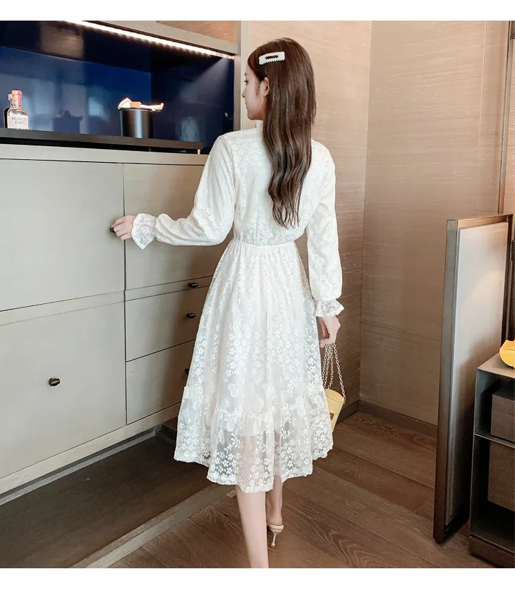 

BacklakeGirls 2020 French Minority Gentle Elegant Lace Long Sleeve Elastic Waist Slim Cocktail Dress For Women Robe De Cocktail