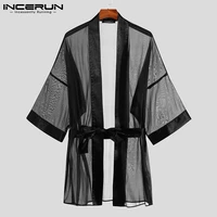 casual handsome loungewear men well fitting loose breathable mesh see though stitching hot sale cardigan sleep tops inceru 2021