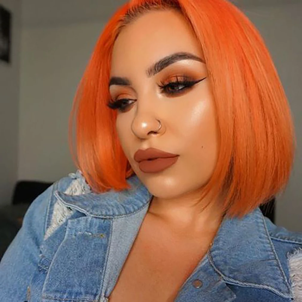 

IAMYOU Colorful Orange Lace Frontal Wig 13x4 Short Bob Wigs Grey Red Blue Transparent Lace Pre Plucked Human Hair Wigs For Women