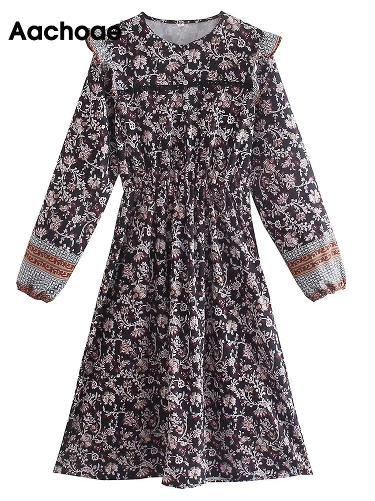 

Платье-миди с цветочным принтом, круглым вырезом и длинными рукавами-фонариками