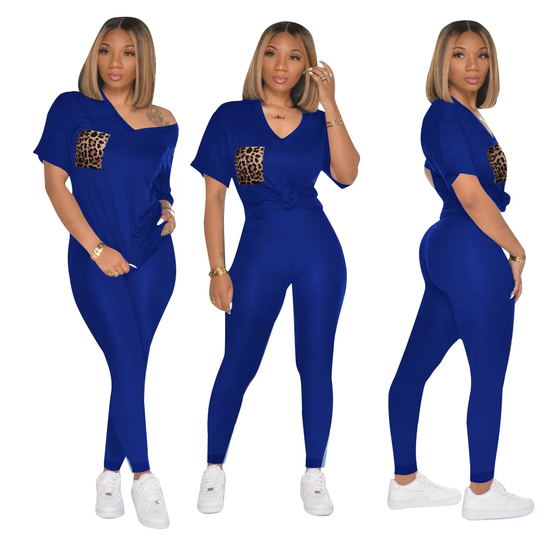 

HAOOHU Leopard Print Pocket Women Set Two Pieces Set Tracksuit V-neck Tee Tops Pencil Jogger Sweatpant Suit Outfit Matching Set