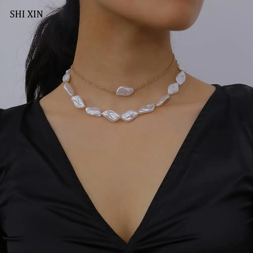 

SHIXIN 2 Pcs/Set Imitation Baroque Pearl Choker Necklace for Women Short Choker Colar on the Neck Wedding Necklaces 2020 Fashion