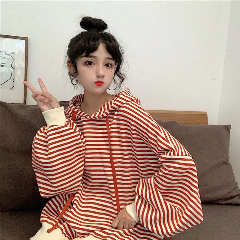 

Женская толстовка в стиле Харадзюку, толстый Свободный пуловер в полоску, Студенческая Толстовка в стиле ретро, зима 2019