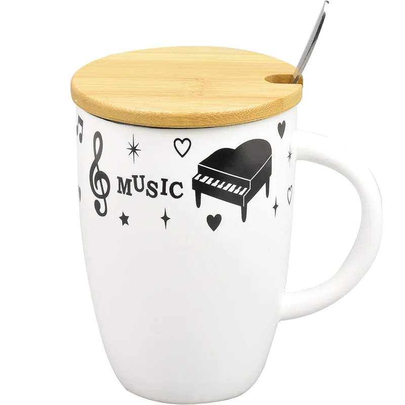 

Beautiful Ceramic Mugs Large Capacity White Print Mug Porcelain Wood Lid Tazas Divertidas Coffee Cup Cover Decorative EA60MK